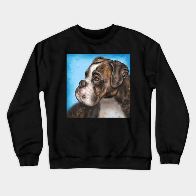 Painting of a Brindled Brown and White Boxer Dog Look to the Side on Blue Background Crewneck Sweatshirt by ibadishi